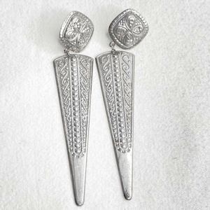 Dangle Drop Earrings Silver Tone Metal Engraved Thin Metal